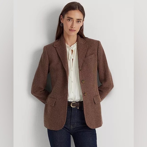 Lauren Ralph Lauren Womens Herringbone Tweed Blazer Wool Linen Office Career 12 - Picture 1 of 12